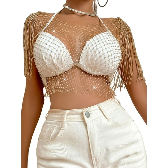 Arvbitana Women's Mesh Tank Tops Sleeveless Diamond Hollow Out Vest V-neck See Through Crop Tops Sexy Tassel Cover Up for Club Rave Outfit