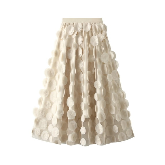 Arvbitana Women's Mesh Tulle Long Skirt Solid Color 3D Dot Swing Flowy A-line Skirt Ladies Casual Midi Dress for Beach Party