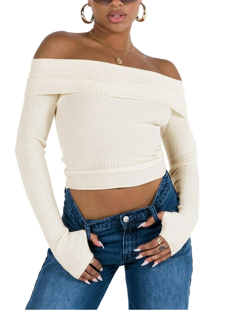 Arvbitana Women's Off-Shoulder Cropped Sweater Solid Color Ribbed