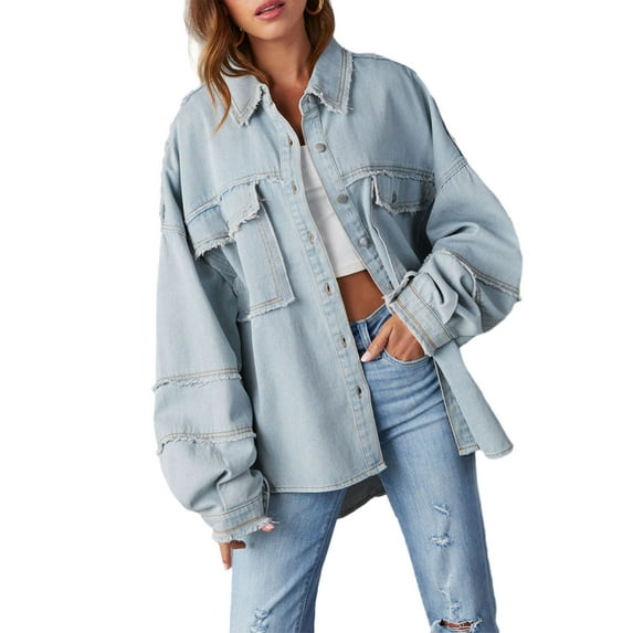 Arvbitana Women's Oversized Denim Jacket Long Sleeve Solid Color Shirts Button Down Boyfriend Jeans Coat Loose Trucker Jacket With Pocket