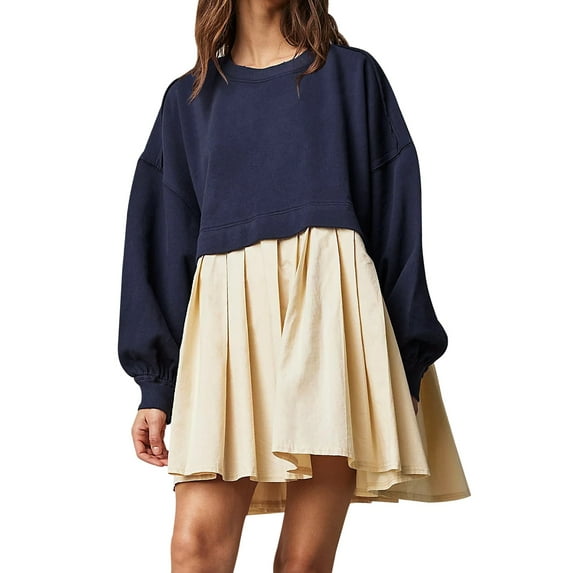 Arvbitana Women's Oversized Sweatshirt Dress Long Sleeve Contrast Color Pullover A-line Dress Ladies Casual Flowy Mini Dress for Streetwear
