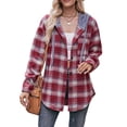 thumbnail image 1 of Arvbitana Women’s Plaid Print Hood Coat Long Sleeve Lapel Shirt Casual Flannel Hoodies Jacket Button Closure Open Front Pullover Outerwear, 1 of 8