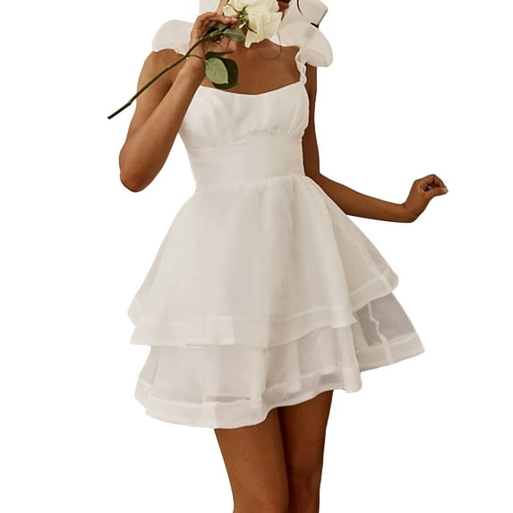 Arvbitana Women's Puffy Mini Dress Ruffle Strap Solid Color Flowy A-line Dress Sleeveless Square Neck Layered Short Party Dress for Cocktail Vacation