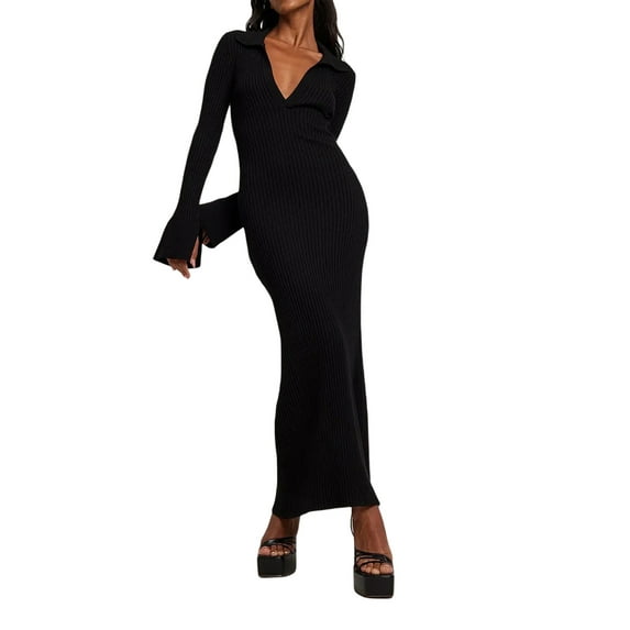 Arvbitana Women's Ribbed Knit Midi Dress Long Sleeve Lapel Collar Solid Color Bodycon Dress Going Out Knitwear Long Dress Spaghetti Strap Clothes