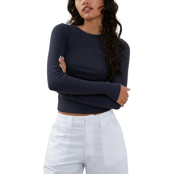 Arvbitana Women's Ribbed Slim Cropped Tops Solid Color Long Sleeve Backless Show Navel T-shirt Casual Basic Shirts for Streetwear