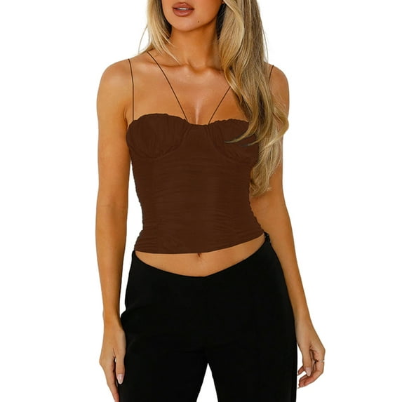 Arvbitana Women's Ruched Crop Cami Tops Sleeveless Spaghetti Strap V Neck Camisole Solid Color Slim Fit Shirts Ladies Summer Vest for Club Streetwear
