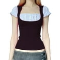 thumbnail image 1 of Arvbitana Women's Short Sleeve Tops Square Neck Lace Patchwork Knit Vest Ladies Slim Fit Casual T-shirt for Party Streetwear, 1 of 4