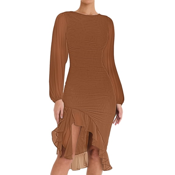 Arvbitana Women's Slim Party Dress Long Sleeve Irregular Ruffle Hem Bodycon Dress Solid Color Ruched Mesh Short Dress for Cocktail Evening