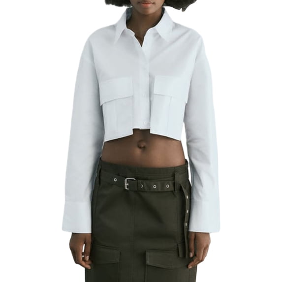 Arvbitana Women's Solid Color Crop Shirt Long Sleeve Turn-down Collar Button Show Navel T-shirt with Pockets Ladies Slim Fit Tops for Streetwear