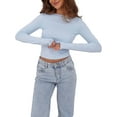 thumbnail image 1 of Arvbitana Women's Solid Color Cropped Tops Long Sleeve Boat Neck Backless Tie-Up Shirt Casual Slim Fit Show Navel T-shirts Streetwear, 1 of 3