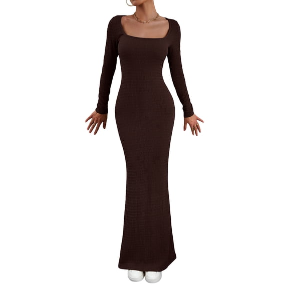 Arvbitana Women's Solid Color Knit Maxi Dress Square Neck Long Sleeve Slim-fit Cocktail Dress Autumn Casual Bodycon Long Dress for Party S M L XL