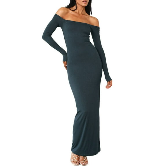 Arvbitana Women's Solid Color Long Dress Elegant Off-shoulder Long Sleeve Bodycon Dress Ladies Slim Fit Backless Party Dress for Cocktail