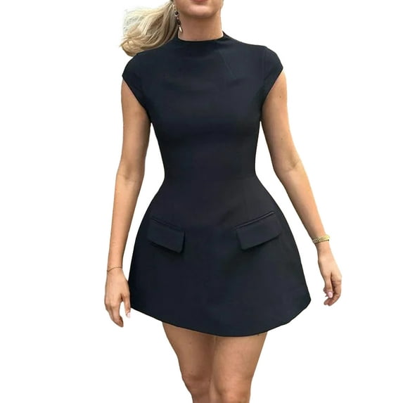 Arvbitana Women's Solid Color Mini Dress Cap Sleeve Mock Neck A-line Dress Slim Elegant Zipper Short Party Dress for Vacation Streetwear