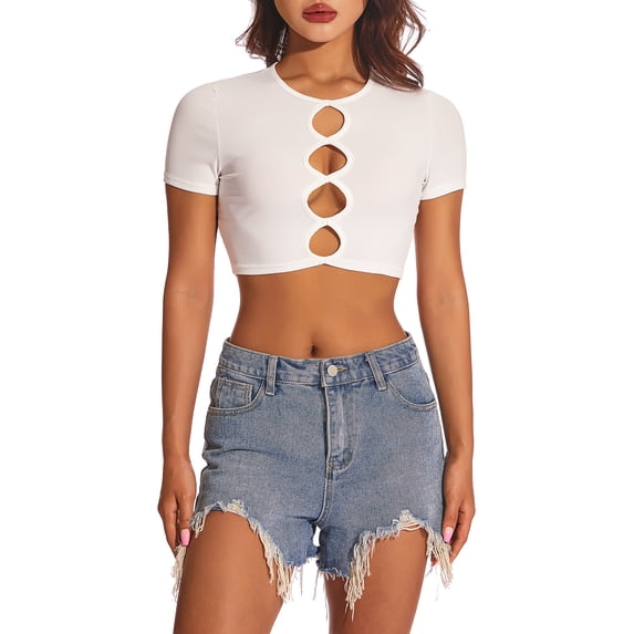 Arvbitana Women's Summer Basic Ribbed Crop Tops Short Sleeve Crew Neck Slim Tank Camisole Solid Color Cut Out Hollow Fitted Shirts Blouses for Daily Life