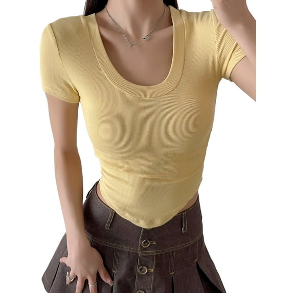 Arvbitana Women's Summer Basic Ribbed Crop Tops Short Sleeve U Neck Slim Shirts Blouses Solid Color Fitted Tank Camisole for Daily Life