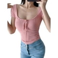 thumbnail image 1 of Arvbitana Women's Summer Basic Ribbed Crop Tops Short Sleeve U-Neck Tie-Up Slim Shirts Blouses Solid Color Fitted Tank Camisole for Daily Life, 1 of 9