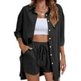 thumbnail image 1 of Arvbitana Women's Summer Casual 2 Piece Outfits Solid Color Seven-point Sleeve Button Shirt and Elastic Waist Shorts Set Loungewear for Daily S M L XL, 1 of 4
