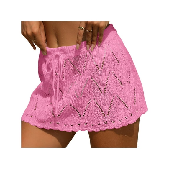 Arvbitana Women's Summer Knit Mini Skirt High Waist Drawstring Warp Skirt Hollow-out Beach Skirt for Vaction Daily