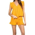 thumbnail image 1 of Arvbitana Women's Summer Solid Color Pajama Sets Ruffled Fly Sleeve V-Neck T-shirt Tops and Stretch Waist Shorts 2Pcs Casual Sleepwear Outfits, 1 of 4