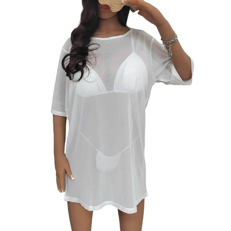 Arvbitana Women s Summer Sunscreen Swimsuit Cover up Solid Color Short Sleeve Round Neck Casual Dress See Through Cutout Tulle Bikini Cover Up for
