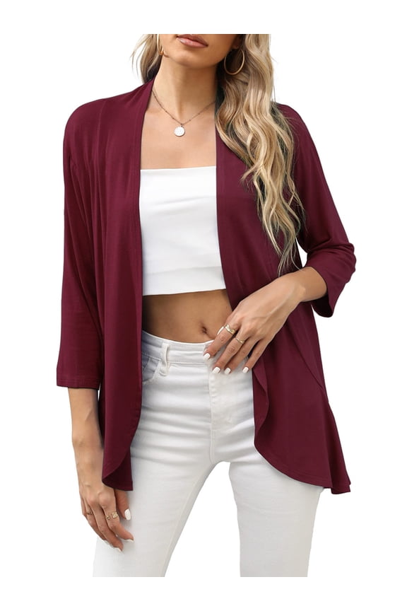 Women's Three Quarter Sleeve Cardigan Solid Color Sweater Ruffled Drop Hem Tops Open-Front Casual Street Style Thin Outwear Soft Coat