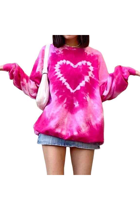 Women’s Tie Dye Pullover Tops, Long Sleeve Crew Neck Heart Print Loose Fit Sweatshirts