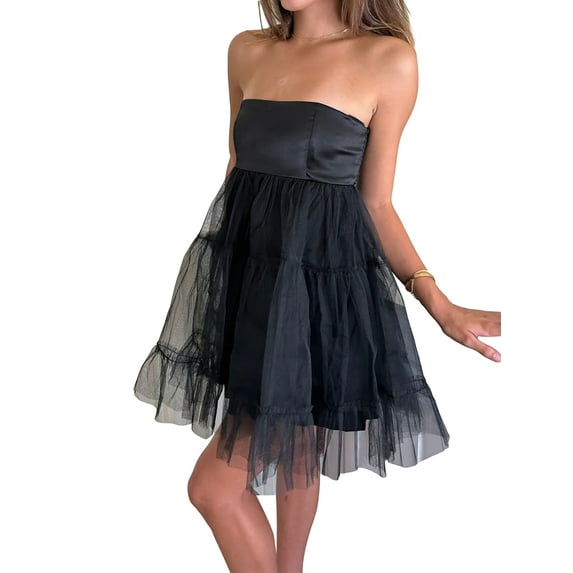 Arvbitana Women's Tutu Tube Mini Dress Sleeveless Layered Tulle Patchwork A-line Dress Solid Color Strapless High Waist Puffy Short Dress for Cocktail Party
