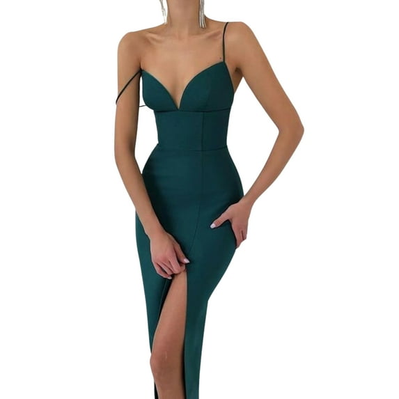 Arvbitana Women's V-Neck Spaghetti Strap Cocktail Bodycon Dress High Waist Backless Slit Long Dress