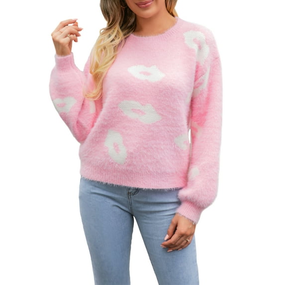 Arvbitana Women's Valentine’s Day Knit Sweater Cartoon Lip Print Long Sleeve Loose Pullover Knitwear Ladies Crew Neck Casual Jumper Tops