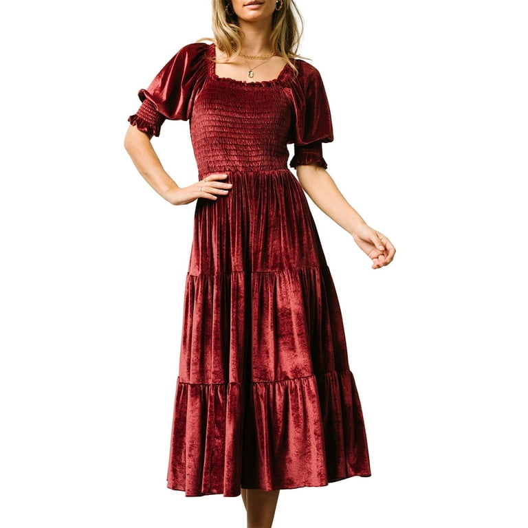 Elegant Pleated Velvet Square Neck Pleated Dresses Elegant Pleated Velvet Square Neck Pleated Dresses
