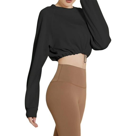Arvbitana Women's Workout Crop Tops Long Sleeve Round Neck Athletic Sweatshirts Drawstring Hem Pullover Solid Color Running Shirts