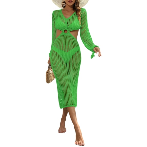 Arvbitana Womens Cover Up Dress Summer Slim Bikini Coverup Dress Long Sleeve V Neck Hollow Out Beachwear Beachdress Coverups