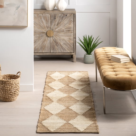 Rugs USA Louie Diamond Checkerboard Jute Area Rug, 2' x 8', Runner, Maxwelle Natural