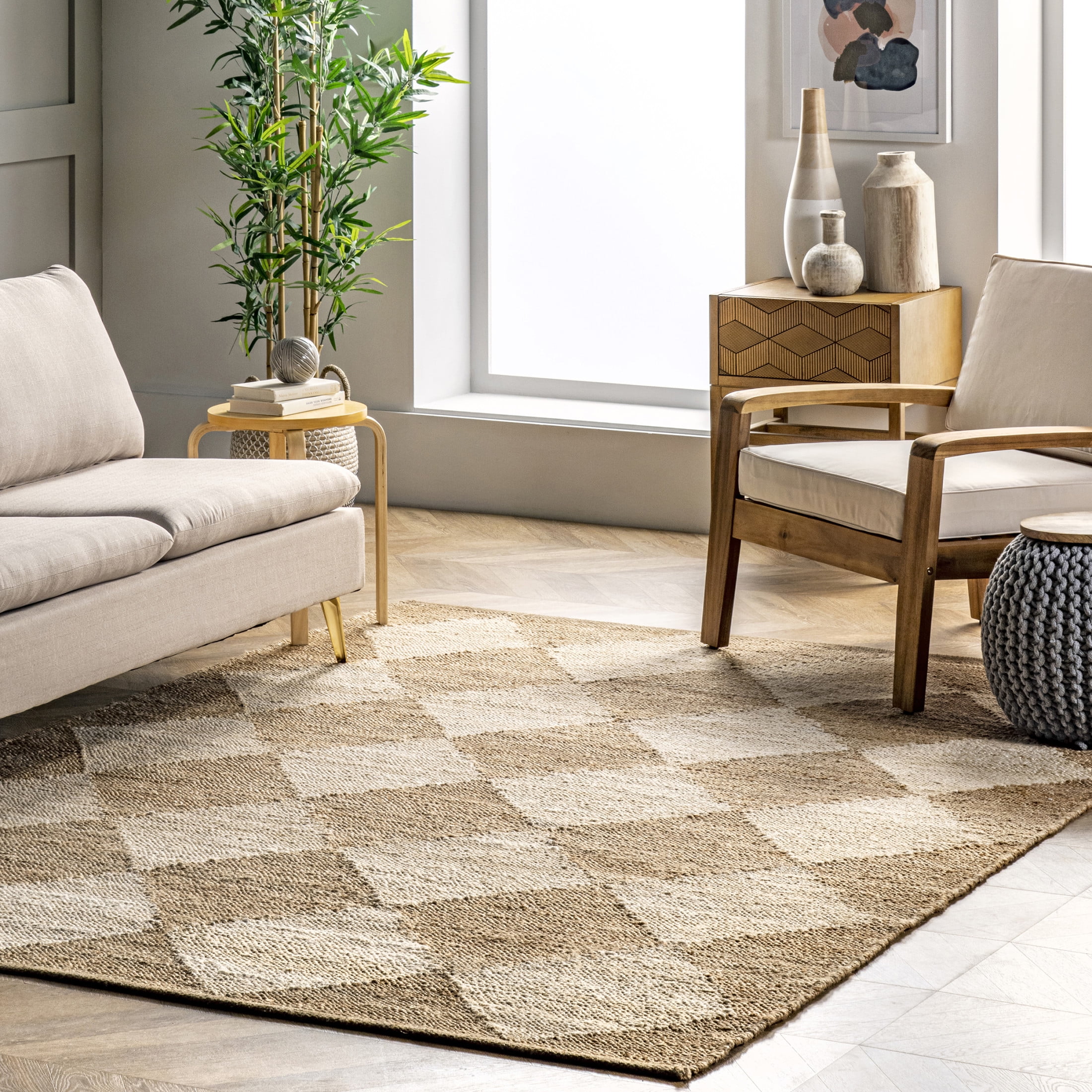 Louie Diamond Checkerboard Natural Jute 6' x 9' Area Rug