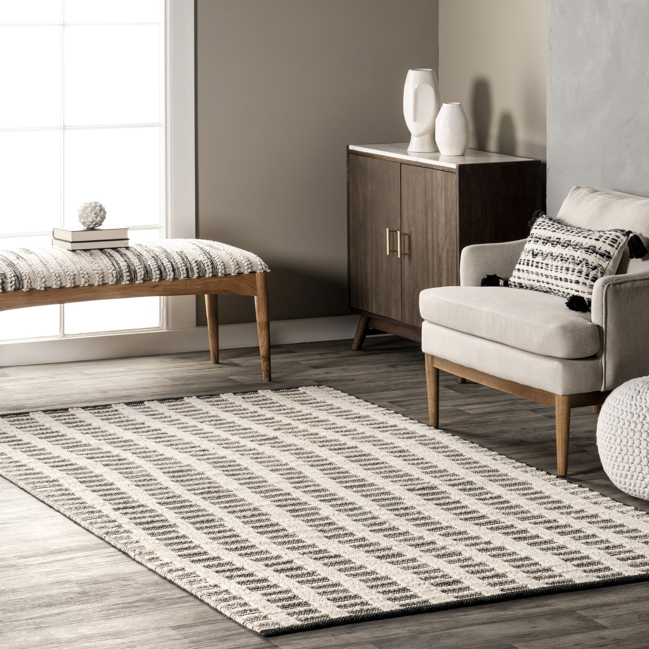 Handmade Black and Ivory Wool Striped Area Rug, 9' x 12'