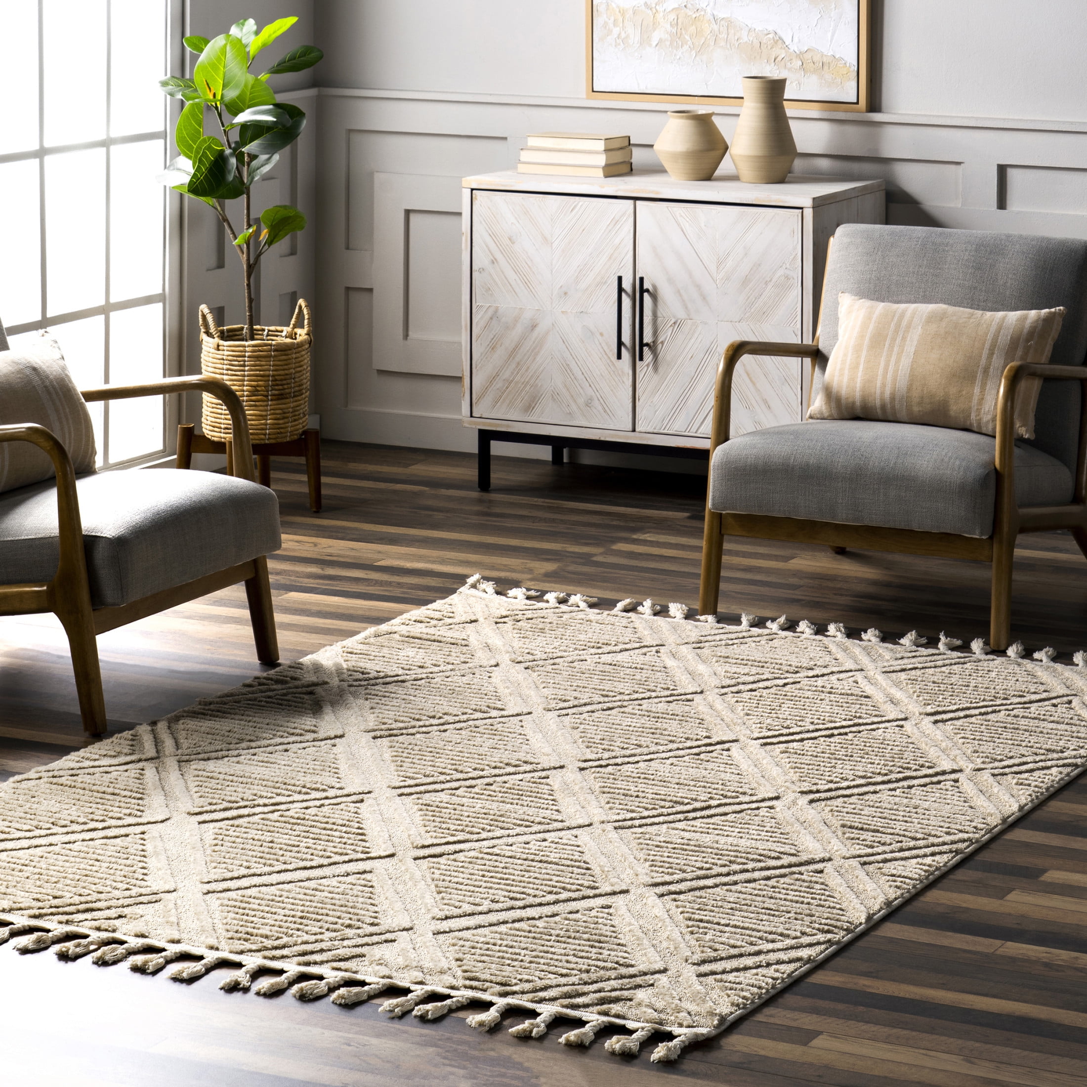 Beige Diamond Pattern Rectangular Synthetic 4' x 6' Area Rug