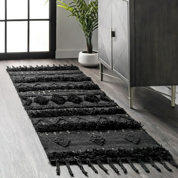 Rugs USA Chandy Textured Wool Area Rug, 2' 6" x 8', Runner, Durden Black