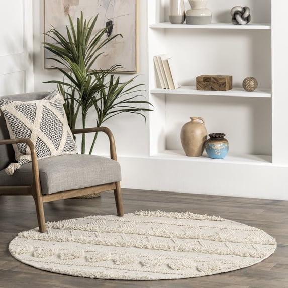 Rugs USA Chandy Textured Wool Area Rug, 8', Round, Durden Cream