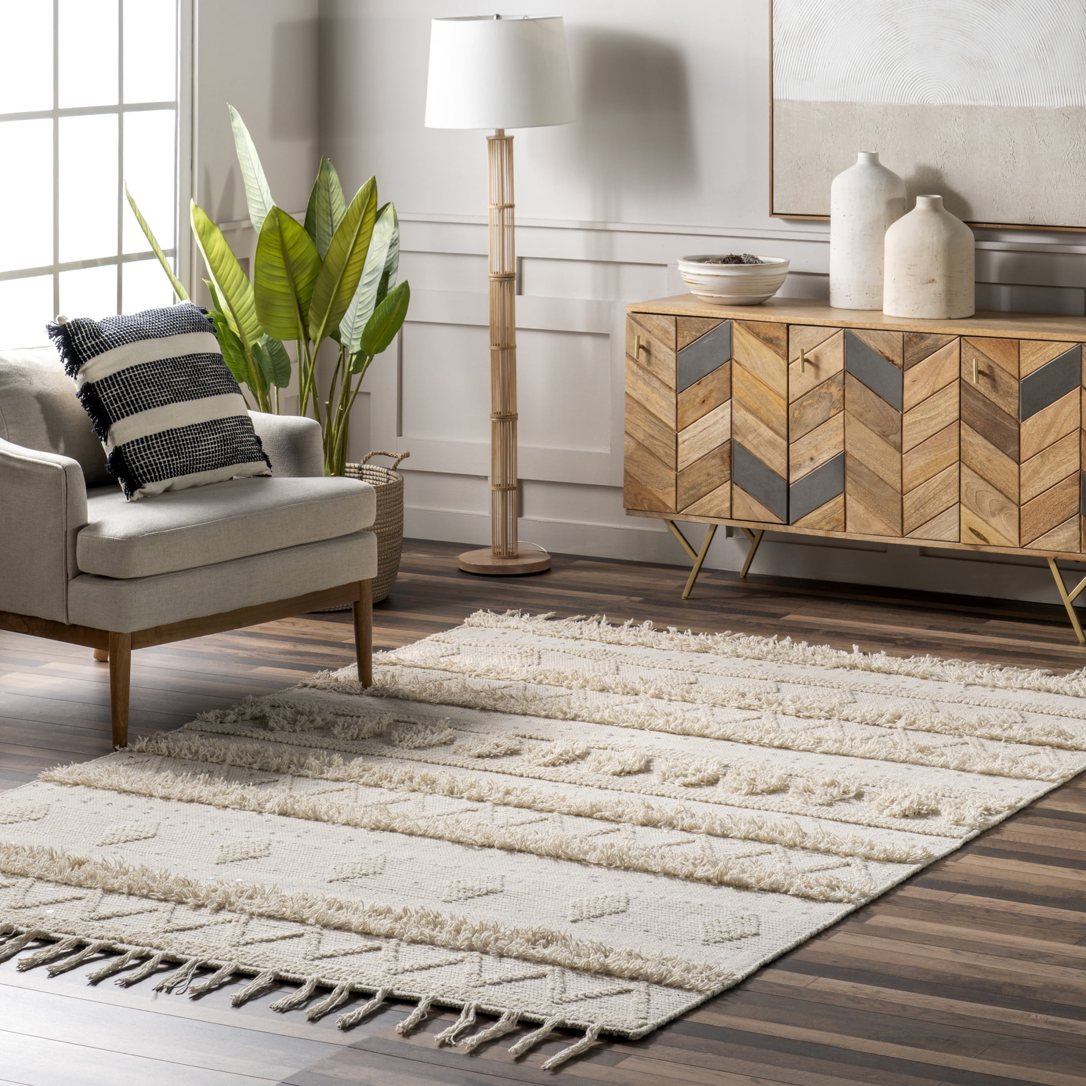 Ivory Hand-Tufted Wool Square Area Rug with Fringe