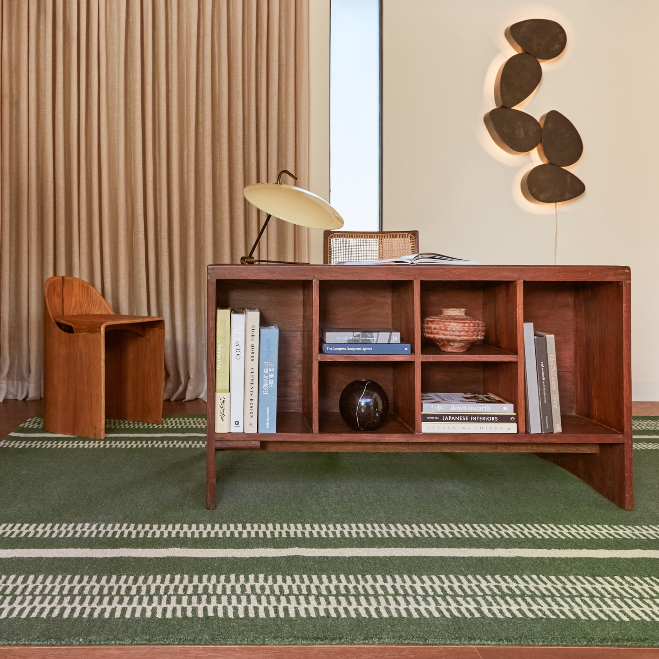 Handmade Green and Beige Wool Striped Rectangular Rug