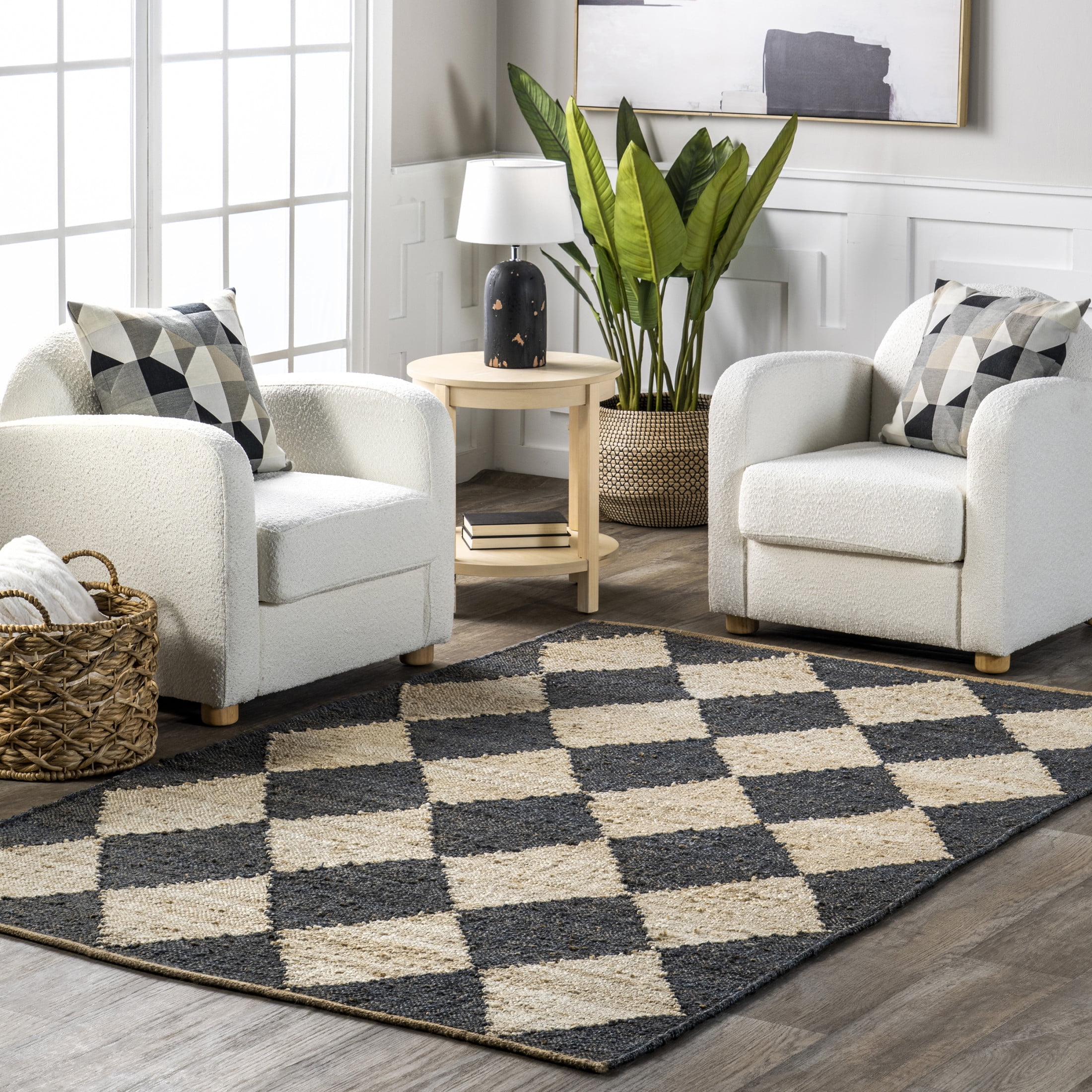 Charcoal and Beige Diamond Pattern Jute Rectangular Rug, 5' x 8'