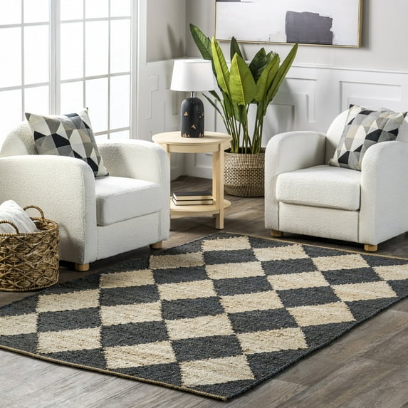 Rugs USA Louie Diamond Checkerboard Jute Area Rug, 5' x 8', Maxwelle Charcoal
