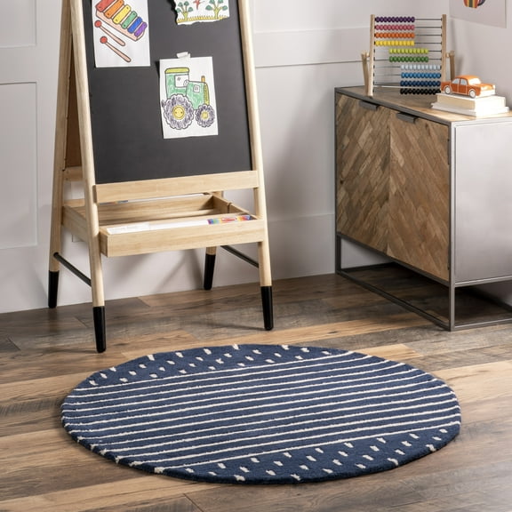 Rugs USA Mandia Striped Wool Area Rug, 4', Round, Marlowe Navy