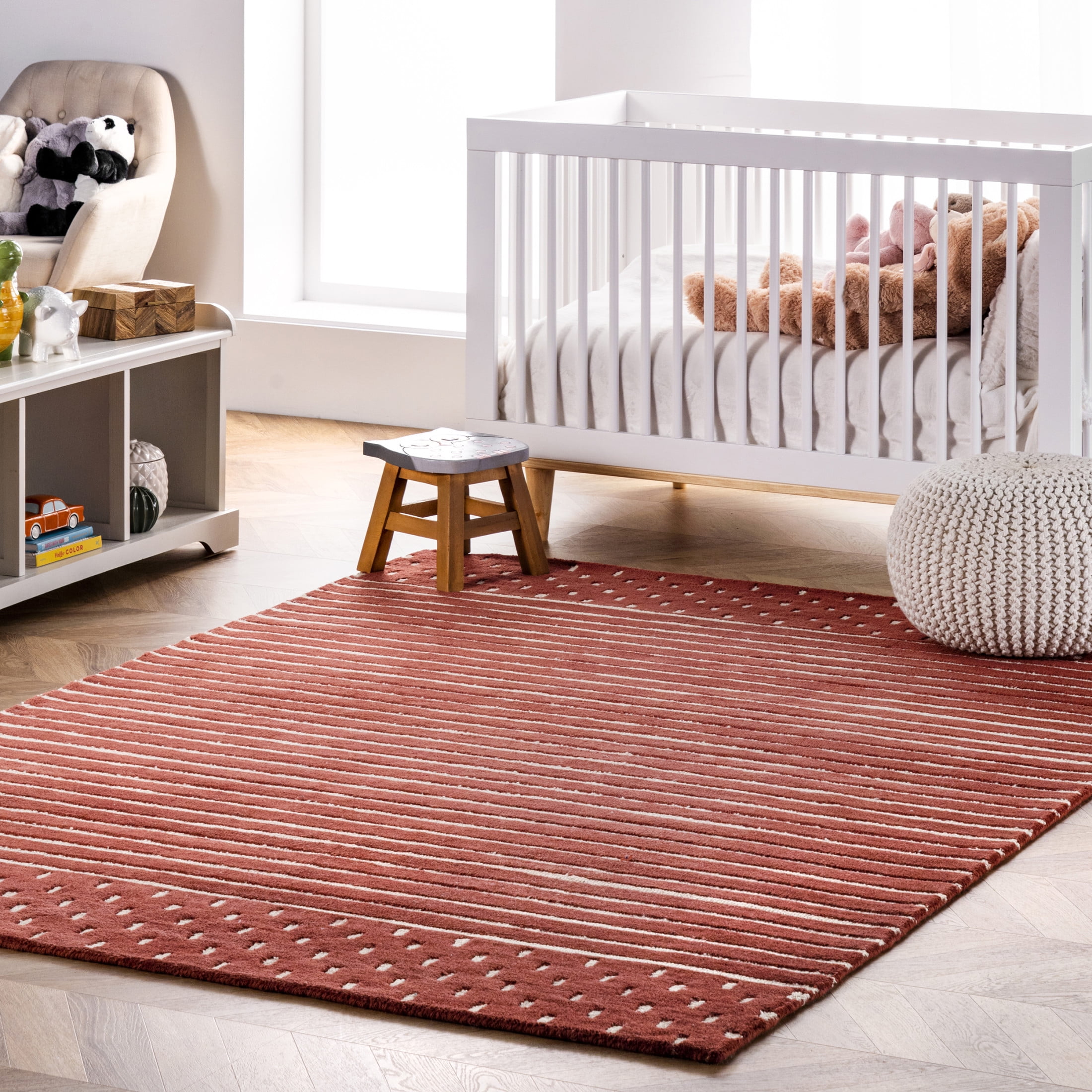 Rust and White Striped Wool Handmade 4' x 6' Area Rug