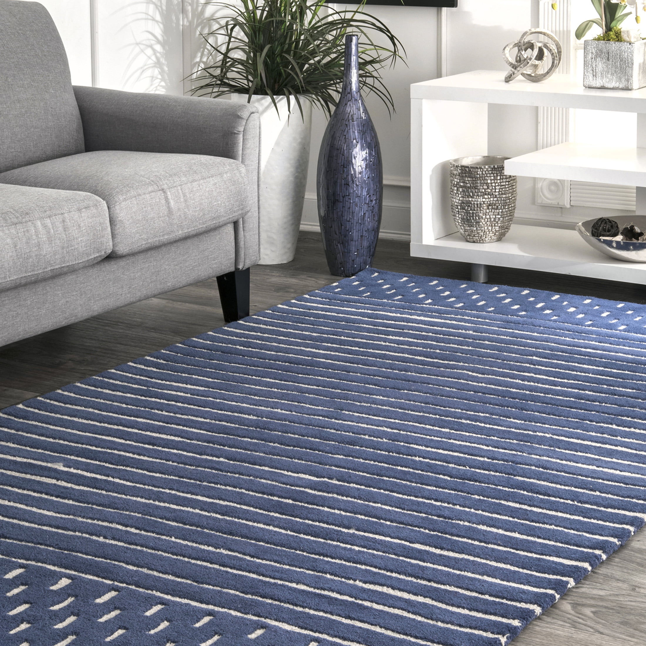 Hand-Tufted Navy Wool Rectangular Area Rug with Stripes, 4' x 6'