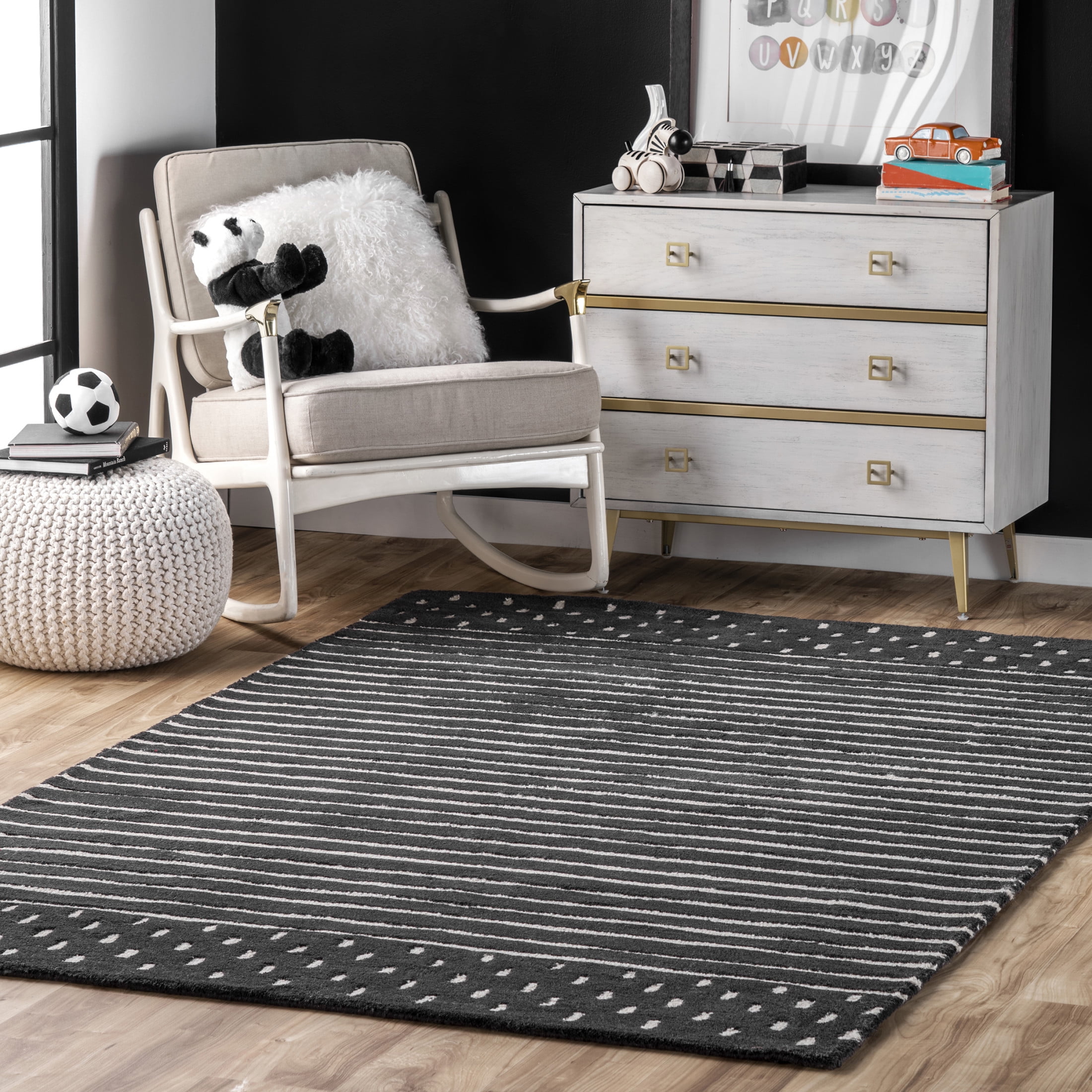 Charcoal and White Striped Wool 9' x 12' Handmade Area Rug