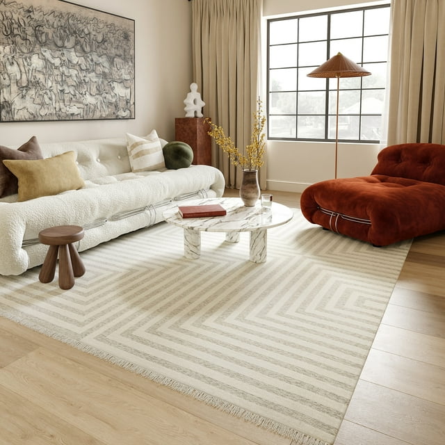 Rugs USA Nicolai Graphic Fringed Reversible Machine Washable Area Rug, 3' 3" x 5', Nicolai Cream