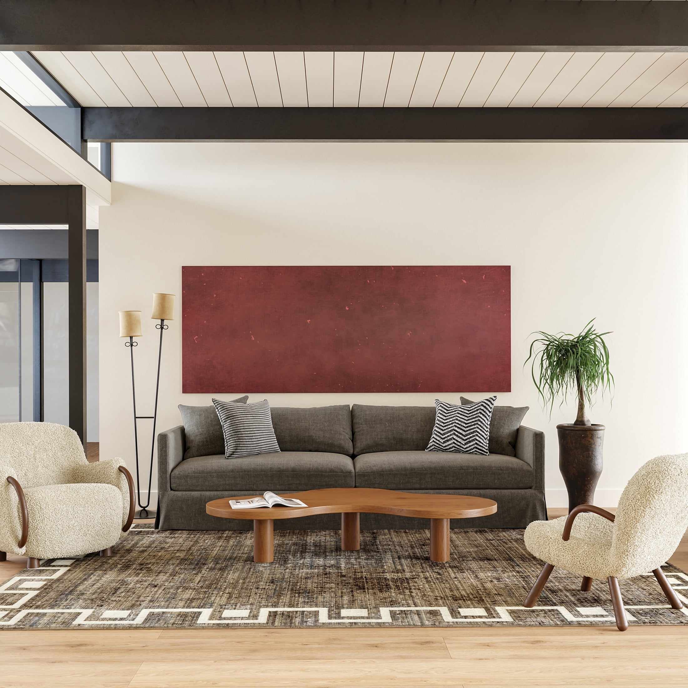 Olvera Beige Geometric Bordered Synthetic Area Rug
