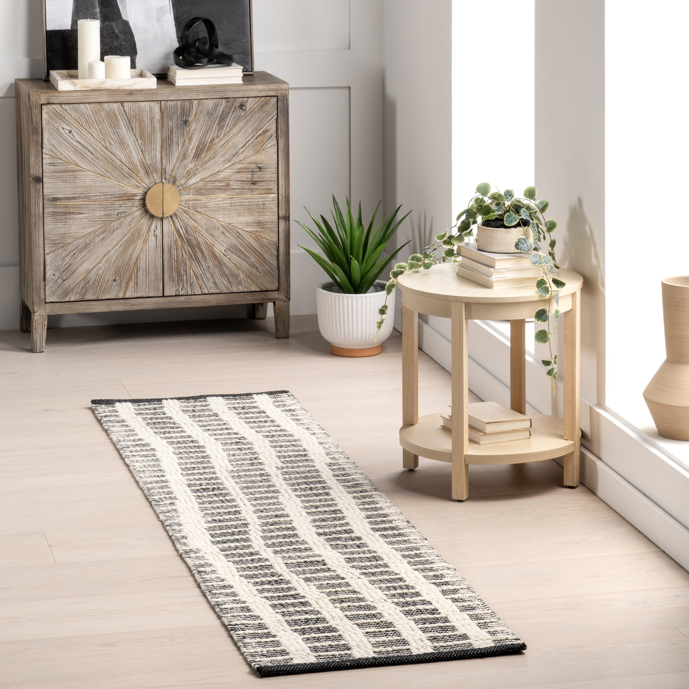 Handmade Black and Ivory Wool Striped Runner Rug 2' x 8'