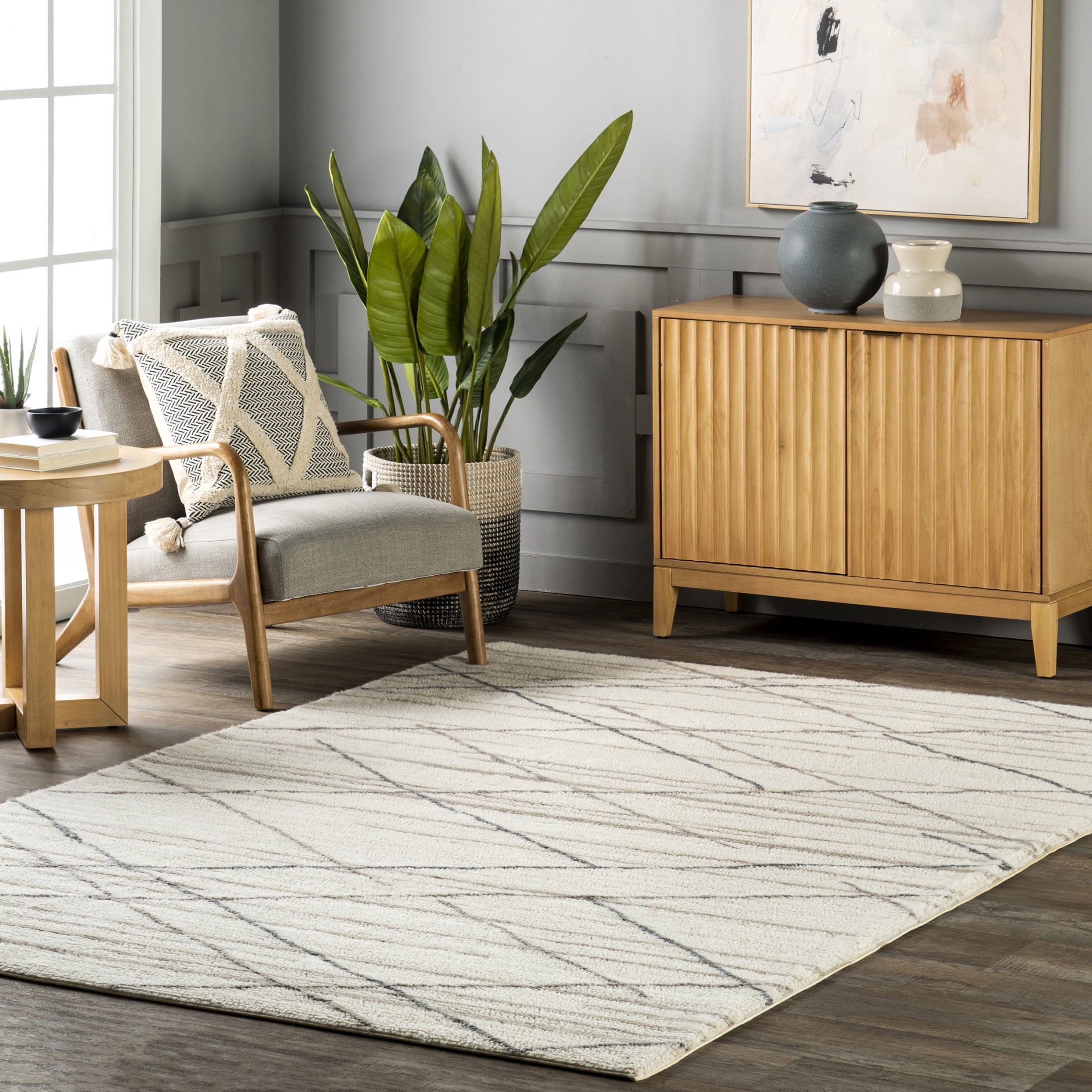 Rugs USA Pick-Up-Sticks Machine Washable Wool Area Rug, 6' x 9', Alida Ivory